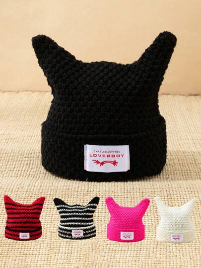 1pc Men's Unique Cat Ears Sewn Label Y2K Knit Beanie, Suitable For Autumn/Winter Warm Daily Wear Halloween Fall Outfit