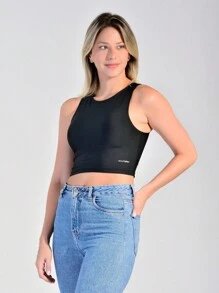 FITNESS CROPPED TOP GYM WORKOUT RUNNING SMOOTH SHINY FABRIC - 黑色 - 查看 1