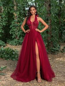 Faeriesty Đầm dạ hội cổ yếm đính ren lưới, Đầm dạ hội trang trọng thanh lịch, Dành cho khách dự tiệc cưới, Tốt nghiệp, Tiệc tối - Màu Đỏ Sâu - Xem 3