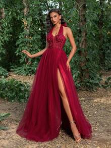 Faeriesty Đầm dạ hội cổ yếm đính ren lưới, Đầm dạ hội trang trọng thanh lịch, Dành cho khách dự tiệc cưới, Tốt nghiệp, Tiệc tối - Màu Đỏ Sâu - Xem 5