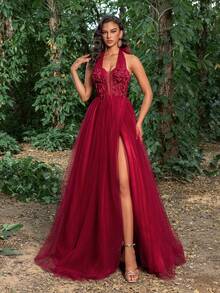 Faeriesty Đầm dạ hội cổ yếm đính ren lưới, Đầm dạ hội trang trọng thanh lịch, Dành cho khách dự tiệc cưới, Tốt nghiệp, Tiệc tối - Màu Đỏ Sâu - Xem 4