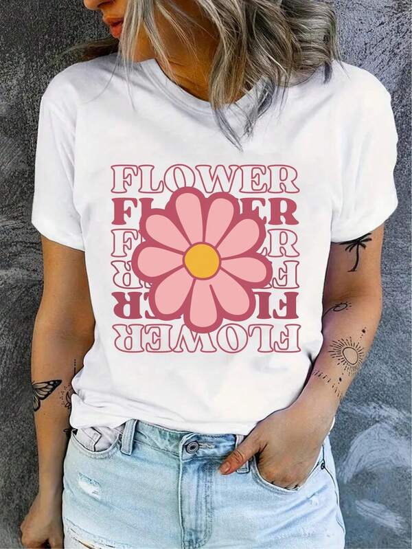 T-shirt Moda Feminina Estampada Flowers Cor Branca