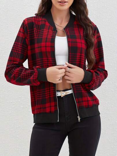 Women's Red Plaid Bomber Jacket, Spring/Autumn