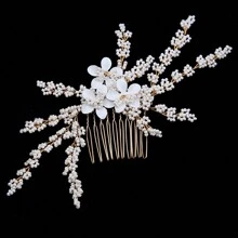 1pc Women's Hair Accessory, European Style Golden Hair Comb With White Flower & Seed Beads, Handmade Bridal Headpiece, Wedding Dress Decoration