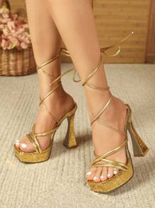 Giày sandal cao gót đế vuông dày dặn, quai chéo, kiểu dáng La Mã sang trọng, cổ điển dành cho nữ mùa xuân/hè. - Vàng - Xem 5