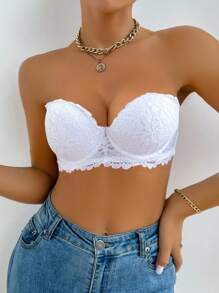 Hersunei 蜜桃女孩白色蕾丝边钢圈文胸，适合小胸女性，可拆卸肩带，内衣新娘内衣 - 白色 - 查看 3