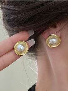 5pcs/Set Elegant Moon & Pearl Stud Earrings, Luxury Rhinestone Embellished Dangle Earrings, Suitable For Women Daily & Festival Wear - Five-piece Set B - View 4