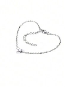 1pc A-Z 26 Stainless Steel Heart Shaped Letter Adjustable Bracelet, Simple Silver Tone, Suitable For Teenagers, Daily Wear Or Gift - Silver - View 3