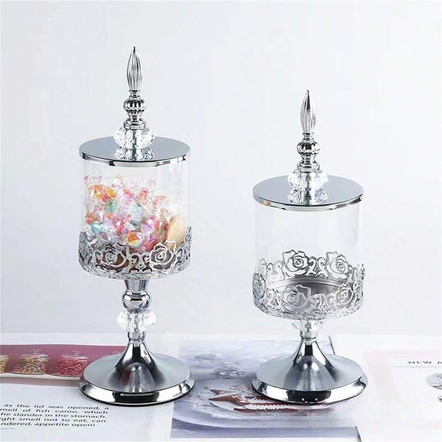 1 件欧洲奢华水晶玻璃储物罐带玫瑰图案盖子，食品罐桌面装饰，玻璃瓶 - 彩色 - 查看 1