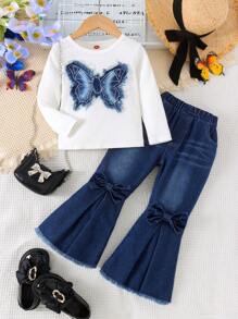 2pcs Young Girl Casual Cute Ribbed Bow Top And Flared Denim Pants Set, Autumn/Winter