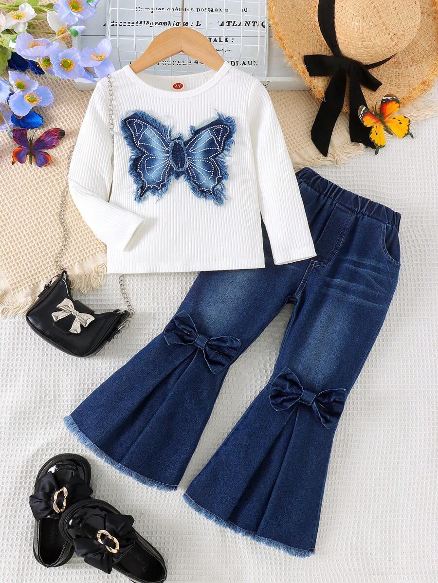 2pcs Young Girl Casual Cute Ribbed Bow Top And Flared Denim Pants Set, Autumn/Winter