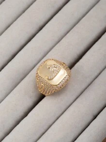 1 件女式嘻哈风格全水钻 18K 镀金首字母阿拉伯字母开口戒指 - 金色 - 查看 36