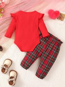 2pcs Christmas Baby Girls' Red Plaid Ruffled Bodysuit And Plaid Bow Pants Set - Red - View 2