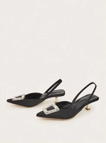 Sapatos de salto alto femininos, sandálias de bico fino novas primavera e verão 2024, elegantes fivelas quadradas de strass, decoração, mulas de salto baixo femininas, slingback confortável para trabalho e lazer - Preto - Ver 3