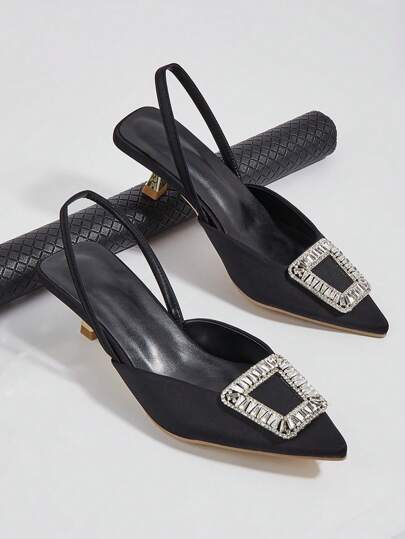 女士高跟鞋，2024 年春夏新款尖头凉鞋，优雅方形水钻扣饰女士低跟穆勒鞋，露跟鞋，工作休闲两相宜