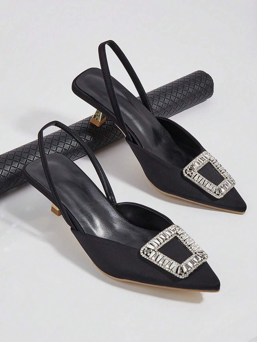 Sapatos de salto alto femininos, sandálias de bico fino novas primavera e verão 2024, elegantes fivelas quadradas de strass, decoração, mulas de salto baixo femininas, slingback confortável para trabalho e lazer