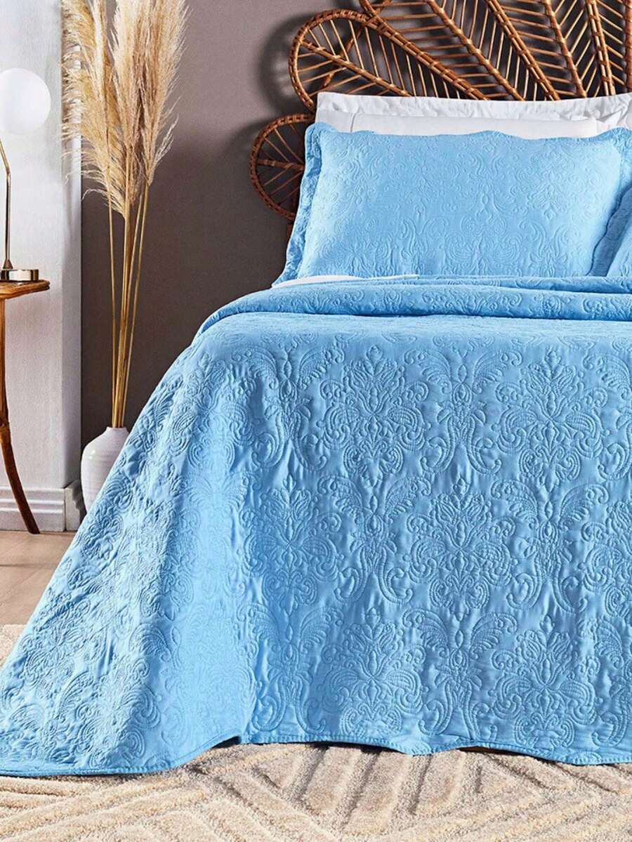 Queen Size 200 Thread Count Percale 4-Piece Embroidered Bedspread With Pillowcase And Luxurious Bag - 藍色 - 查看 1