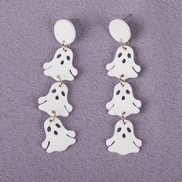 Halloween Cute White Ghost Trio Pendant Earrings, Acrylic Material With Stainless Steel Earrings, Simple And Cute Design, Suitable For Daily Wear Or Party, Four Seasons Women's Fashion Accessories