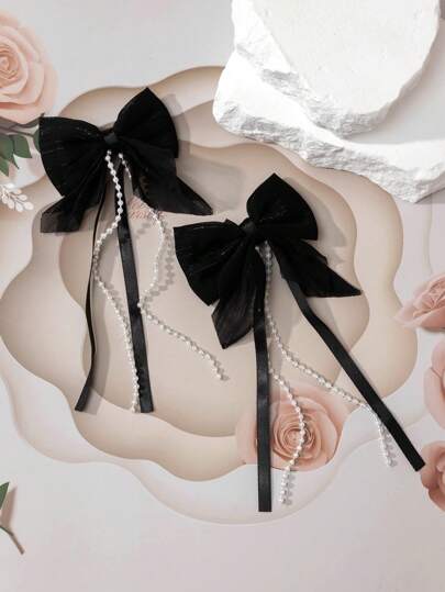 2pcs/Set Pearl Tassel Ribbon Bow Hair Clips, Ethereal & Cute Style Hair Accessories, Essential For Lovely Girls