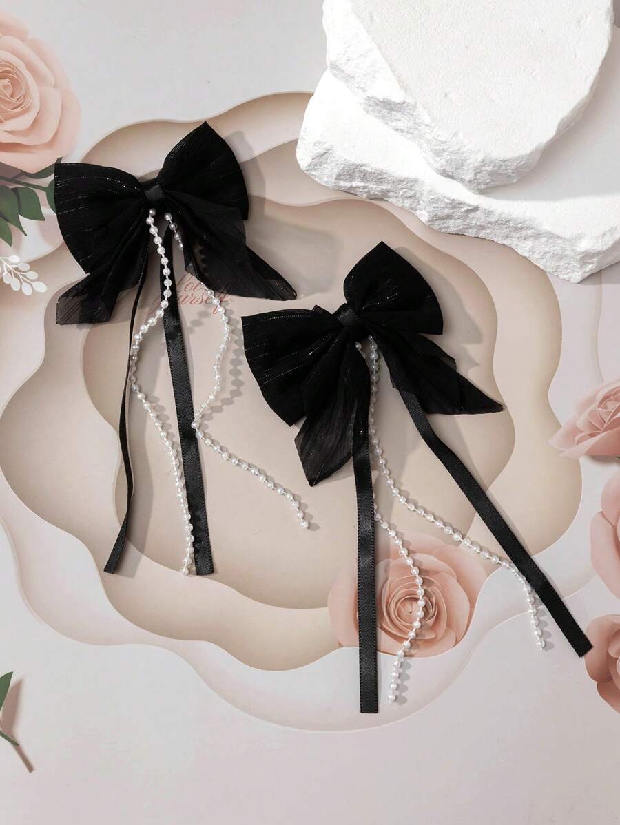 2pcs/Set Pearl Tassel Ribbon Bow Hair Clips, Ethereal & Cute Style Hair Accessories, Essential For Lovely Girls - Black - View 1