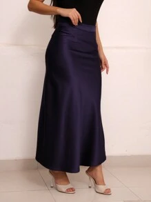 Women's Long Satin Skirt With Zipper - Navy Blue - View 1