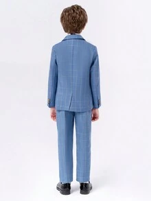 4 piezas Conjunto de traje de cuadros azules para niños jóvenes: blazer, chaleco, pantalones, corbata de moño - Ropa formal para niños para boda, actuación en el escenario, otoño - Azul - Ver 6