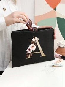 A-Z Buchstaben Muster Make-up Tasche, schwarz kleine Größe, Make-up Beutel, tragbare Kulturtasche, Lehrertags-Geschenk, wiederverwendbare Kosmetiktasche - Schwarz - Übersicht 7