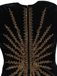 Women Fitted Solid Color Sexy Rhinestone Long Sleeve Bodycon Dress, Elegant Formal Evening Gown, For Wedding Guest, Graduation, Dinner Party Dress - 金色 - 查看 3