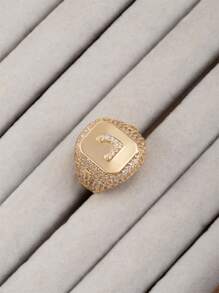 1 件女式嘻哈风格全水钻 18K 镀金首字母阿拉伯字母开口戒指 - 金色 - 查看 37