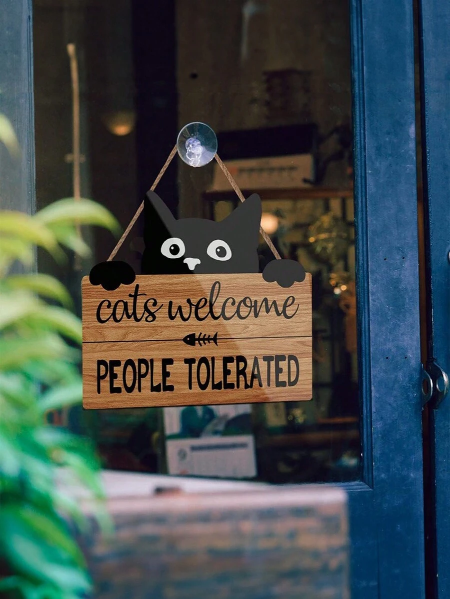 1 Pc Funny And Cute Cats And Dogs Welcome Sign, Cat Tolerance Kitten Footprints Wooden Sign Black Cat Wall Party Decoration Dog Welcome Decoration Sign Door Front Decoration Wooden Pet Hanging Sign Pet Shop Decoration Home Decoration - Multicolor - View 1