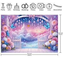 1 pieza Pancarta de fondo para fiesta con patrón de flores moradas, mariposas y nubes, 210 X 150cm / 150 X 100cm / 100 X 75cm, adecuado para baby shower, bautizo, decoración de mesa de pastel y fondo de estudio fotográfico - Multicolor - Ver 13