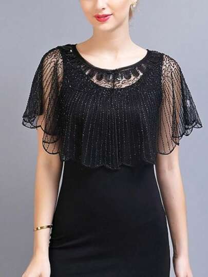20s High Quality Women Shawl Evening Cape, Vintage Short Shawl With Sequin Embroidery & Mesh Design, Suitable For Party!