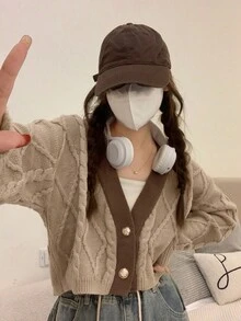 Contrast-Color Patchwork Cropped Loose Cardigan, Casual For Autumn/Winter - Khaki - View 4