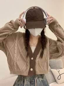 Contrast-Color Patchwork Cropped Loose Cardigan, Casual For Autumn/Winter - Khaki - View 1