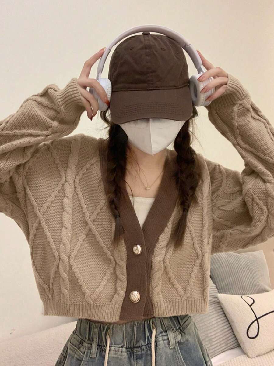 Contrast-Color Patchwork Cropped Loose Cardigan, Casual For Autumn/Winter - Khaki - View 1