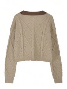 Contrast-Color Patchwork Cropped Loose Cardigan, Casual For Autumn/Winter - Khaki - View 2