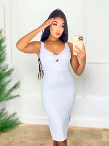 Women's Midi Dress With Slit Ribbed Knit With Padded Cup - 白色 - 查看 1