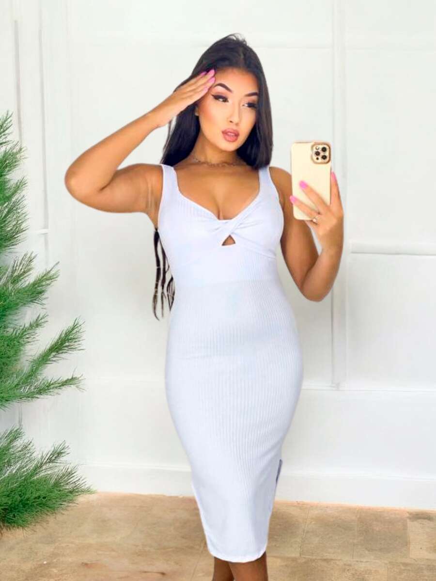 Women's Midi Dress With Slit Ribbed Knit With Padded Cup - 白色 - 查看 1