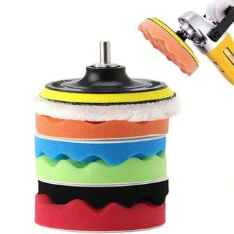 8 件装汽车泡沫钻头抛光和抛光垫套件、复合海绵和羊毛抛光垫切割抛光垫套件、汽车缓冲器抛光套件、汽车自动抛光海绵垫套件，用于钻头抛光、汽车打磨、抛光、打蜡、清洁套装