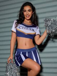 1set Women Sexy Soccer Player Roleplay Costume, Color Block Round Neck Short Sleeve Top + Mini Skirt - Blue - View 1