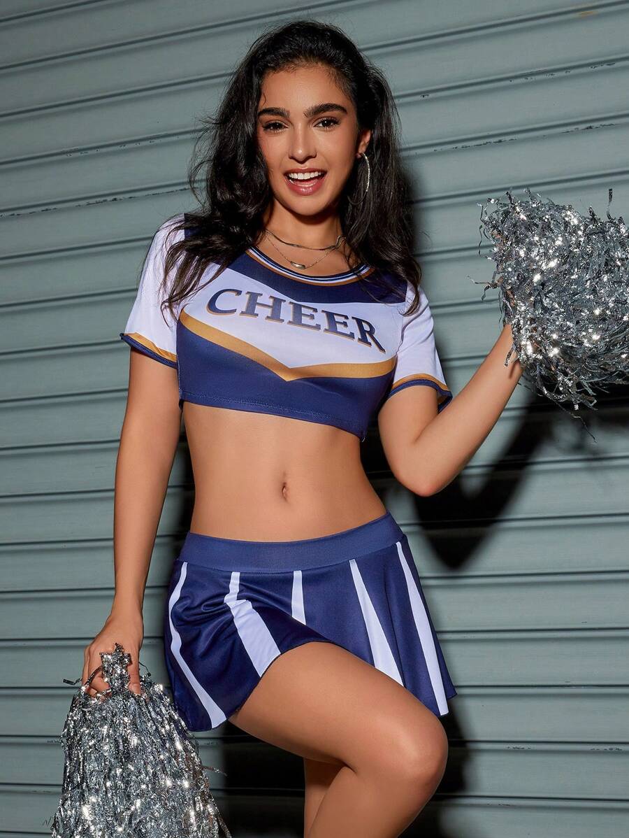 1set Women Sexy Soccer Player Roleplay Costume, Color Block Round Neck Short Sleeve Top + Mini Skirt - Blue - View 1