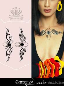 1片装草本汁液半永久纹身贴纸，暗黑蜘蛛网图腾图案，音乐节派对礼物，7-14天防水，防褪色，适用于手臂、腰部、腿部、肩部、颈部、锁骨 - 藍色 - 查看 1