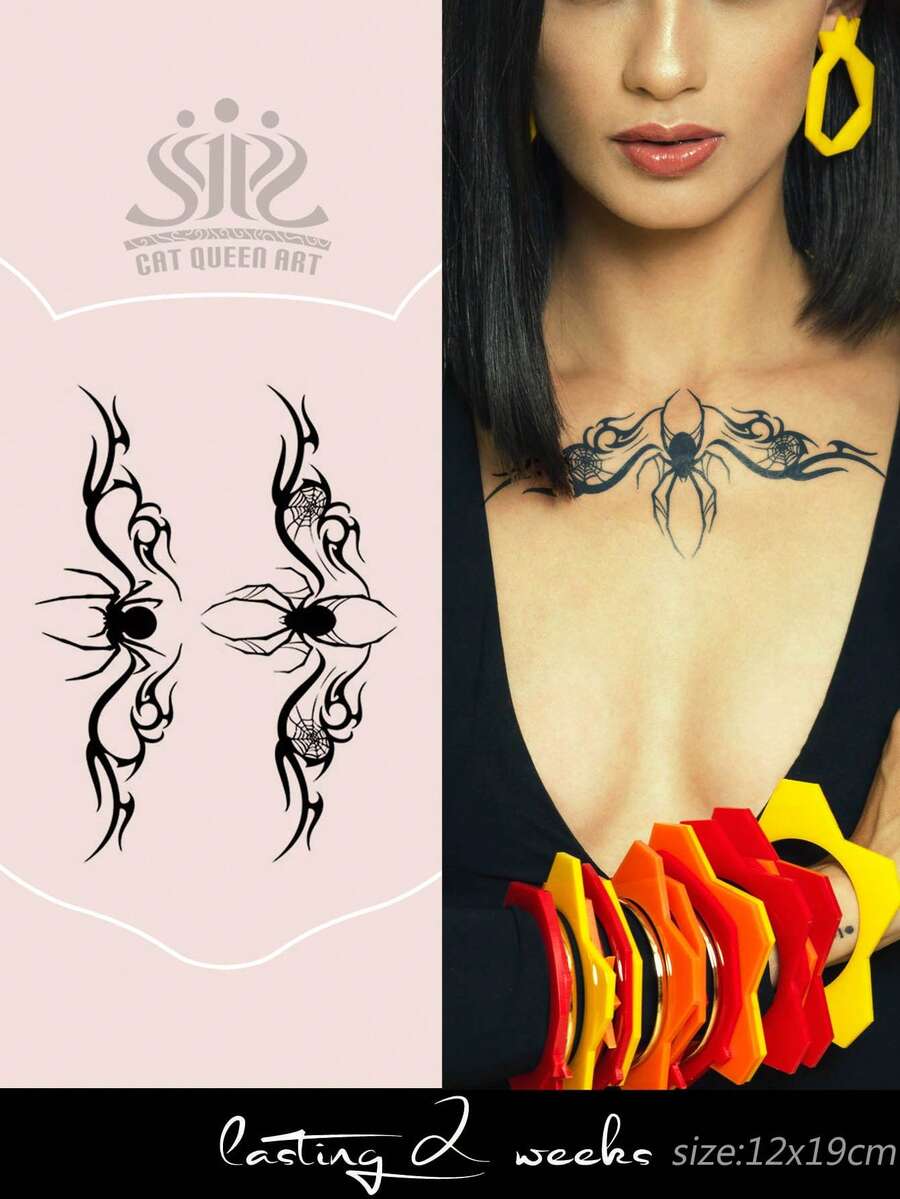 1片装草本汁液半永久纹身贴纸，暗黑蜘蛛网图腾图案，音乐节派对礼物，7-14天防水，防褪色，适用于手臂、腰部、腿部、肩部、颈部、锁骨 - 藍色 - 查看 1