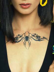 1片装草本汁液半永久纹身贴纸，暗黑蜘蛛网图腾图案，音乐节派对礼物，7-14天防水，防褪色，适用于手臂、腰部、腿部、肩部、颈部、锁骨 - 藍色 - 查看 3
