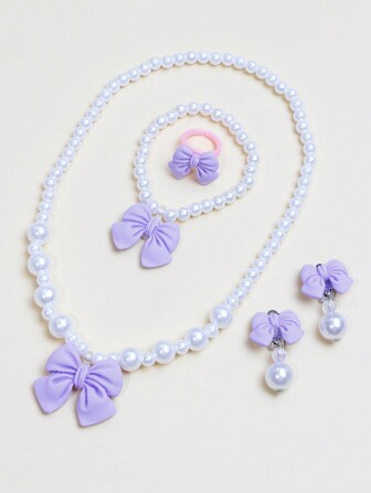 Set de 5 piezas de joyería para niñas con colgante de lazo, collar, pulsera, aretes y anillo. Juego de joyas encantadoras con cuentas, adecuado como regalo de cumpleaños para niñas