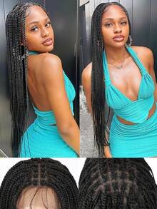 Full Lace Box Braided Wigs For Women Double Full Transparent Lace Pre Plucked With Baby Hair Knotless Synthetic Box Braids Wig - Black - View 2