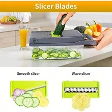 14 en 1 Picador de verduras multifunción Rallador Cortador Rebanador Picador Manual De Verduras Fruta cortador,cortador de verduras de cocina, de verduras con 8 cuchillas, de zanahoria y ajo con recipiente - Negro - Ver 5