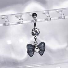 1 件时尚心形蝴蝶结不锈钢肚脐环，镶嵌锆石，百搭可爱猫咪肚脐穿刺首饰，适合女性情人节 - 彩色 - 查看 3