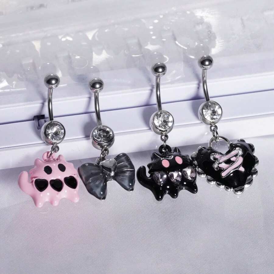 1 件时尚心形蝴蝶结不锈钢肚脐环，镶嵌锆石，百搭可爱猫咪肚脐穿刺首饰，适合女性情人节 - 彩色 - 查看 1