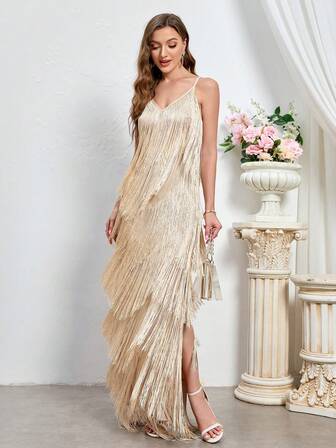 Women's Elegant Spaghetti Strap Tassel Side Slit Maxi Formal Dress Party Dress Wedding Guest Dress Evening Dress,Gown